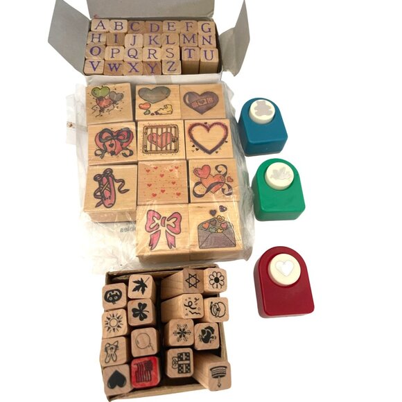 DIY 53 Craft Wooden Rubber Stamps Lot, 3 Decorative Craft Punchers Scrapbooking - Picture 7 of 11